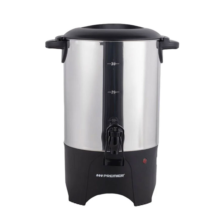 Stainless steel coffee urn with black base.