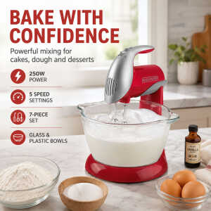BLACK & DECKER 250 WATT STAND MIXER RED WITH GLASS BOWL | MX900R - Image 