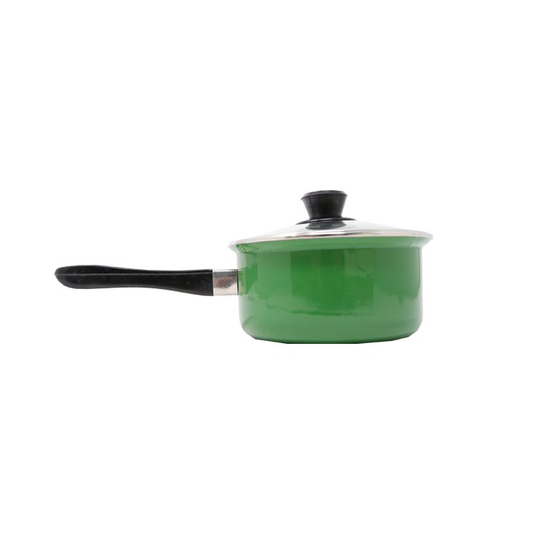 Green non stick saucepan with long black handle and lid.
