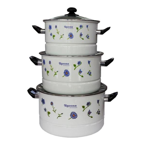 3-piece Reoona Kitchenware floral enamel stockpot set.
