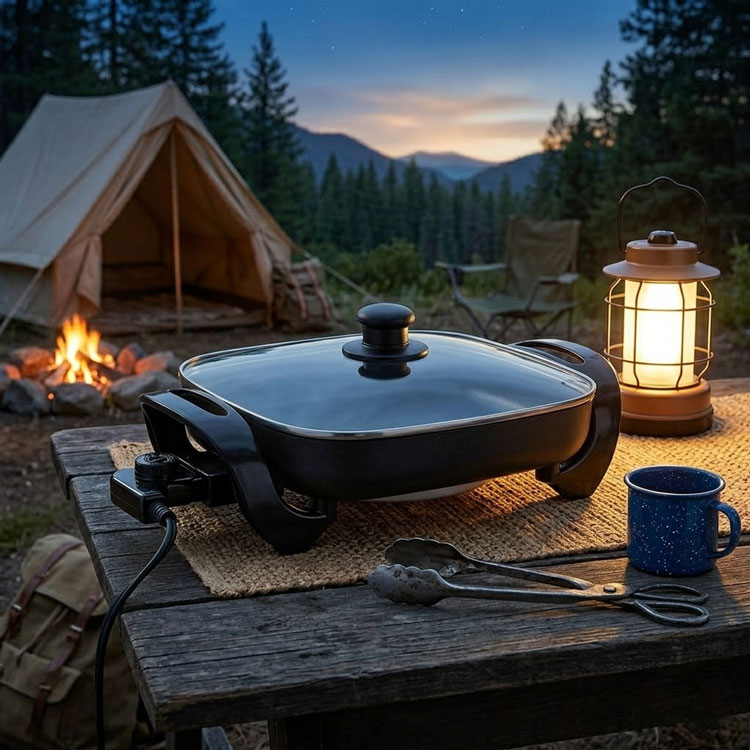 Nonstick electric skillet at mountain campsite
