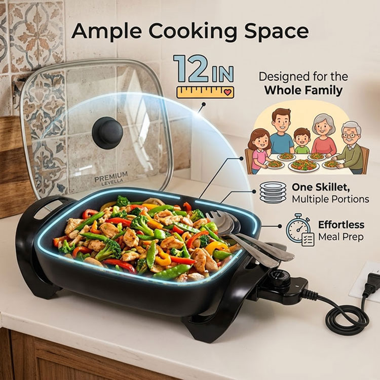 Family size nonstick electric skillet cooking space