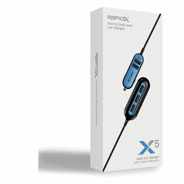 RAPIDX X5 CAR CHARGER WITH 5 USB PORTS BLUE | RX-X5USBB - Image 