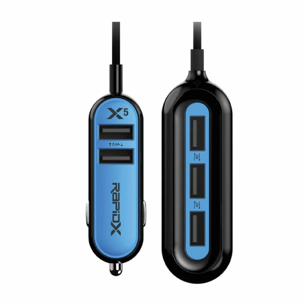 RAPIDX X5 CAR CHARGER WITH 5 USB PORTS BLUE | RX-X5USBB - Image 