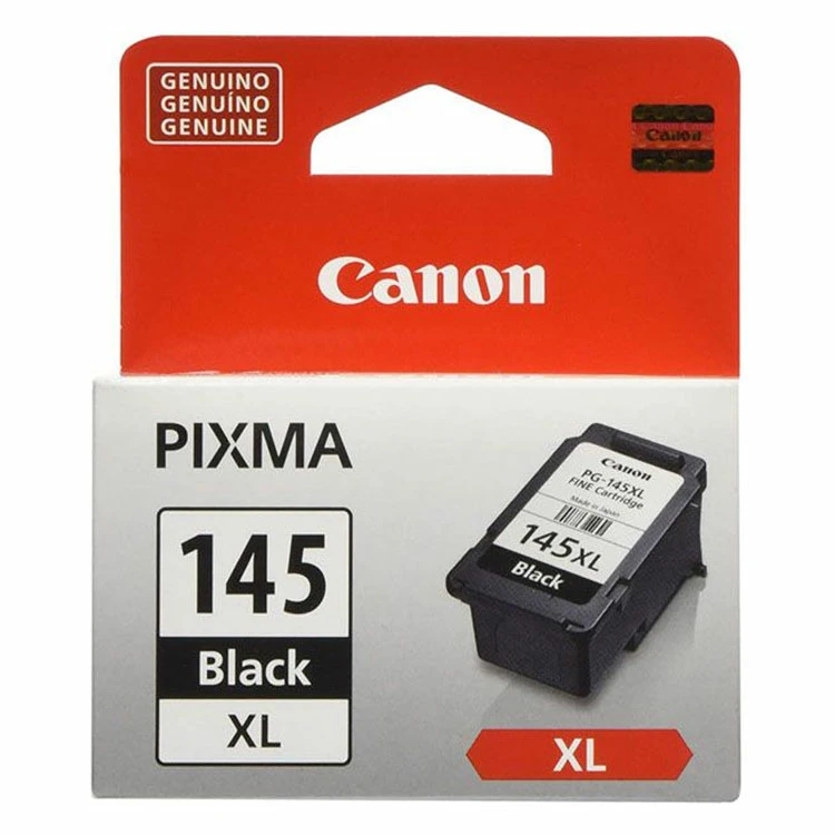A front view of the packaging for a Canon PIXMA 145XL black ink cartridge, showing the cartridge itself and the "GENUINO GENUINE" labels.
