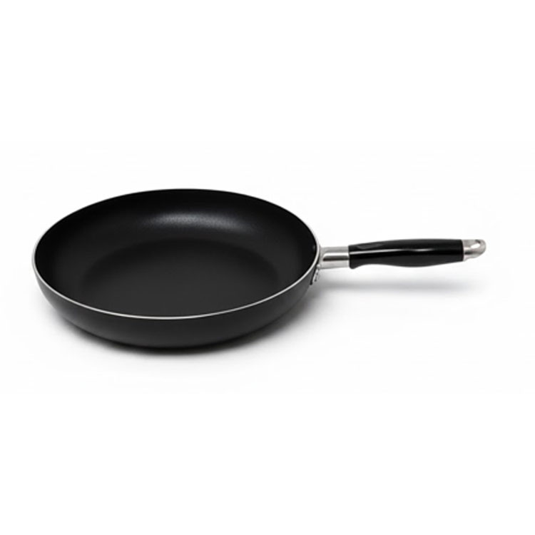 Single black non-stick frypan with ergonomic handle on white.