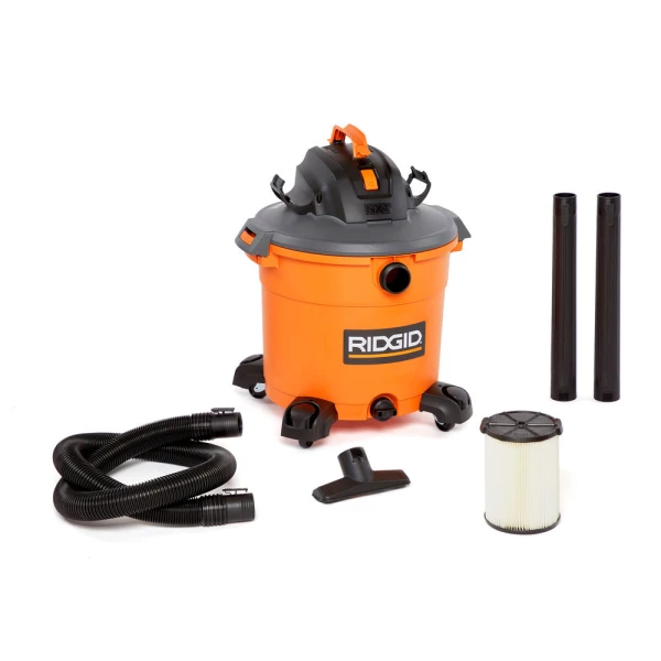 Visible accessories: flexible hose, floor nozzle, cartridge filter, and two extension wands