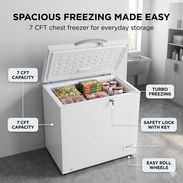 FRIGIDAIRE 7 CFT WHITE CHEST FREEZER SAFETY LOCK QUICK FREEZE ADJUSTABLE LEGS | FFCC07C3HQW - Image 