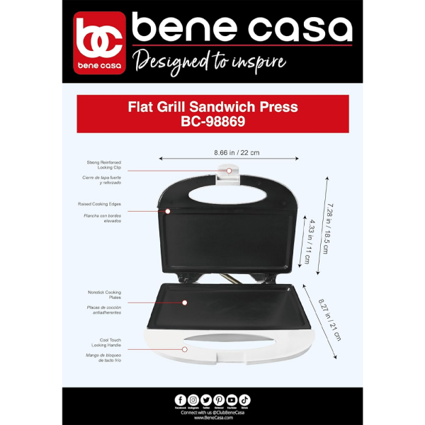 BENE CASA NONSTICK FLAT GRILL SANDWICH PRESS WHITE | BC-98869 - Image 