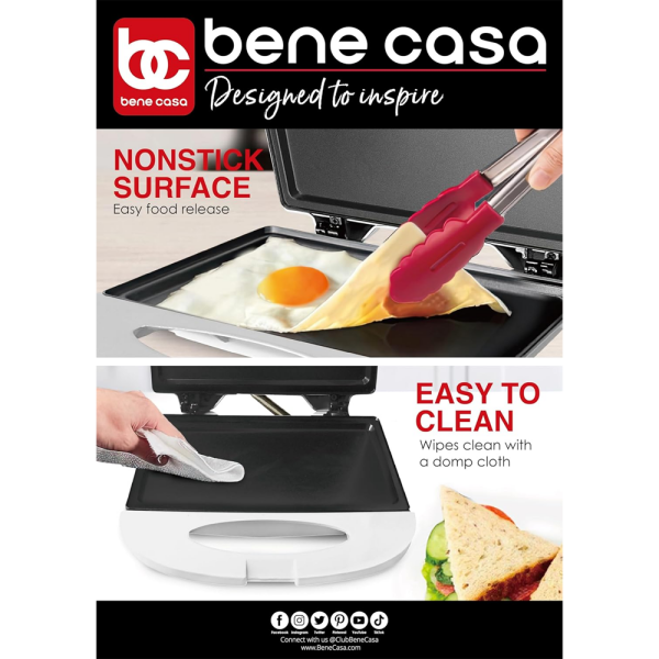 BENE CASA NONSTICK FLAT GRILL SANDWICH PRESS WHITE | BC-98869 - Image 