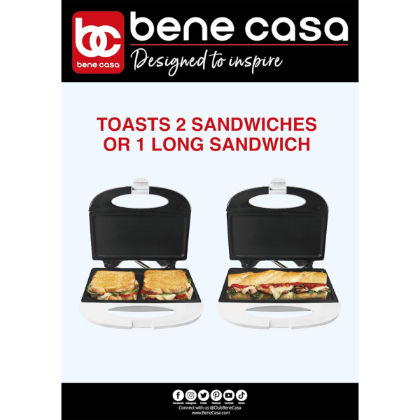 BENE CASA NONSTICK FLAT GRILL SANDWICH PRESS WHITE | BC-98869 - Image 
