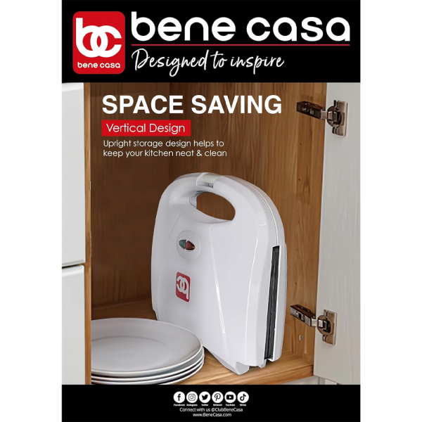 BENE CASA NONSTICK FLAT GRILL SANDWICH PRESS WHITE | BC-98869 - Image 