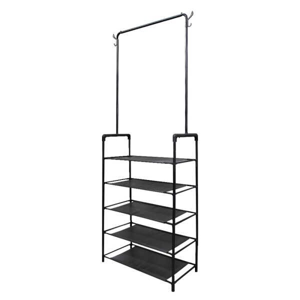 CLOTING RACK W/ 5 SHELVES AND HOOKS BLACK | C86013 - Image 