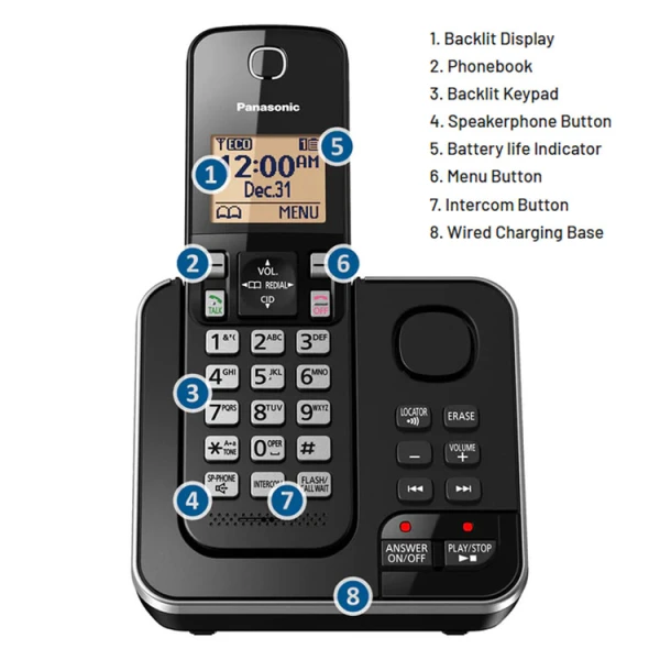 PANASONIC 2 HANDSET CORDLESS TELEPHONE W/ANSWERING & SPEAKER PHONE BLACK | KX-TGC362B - Image 