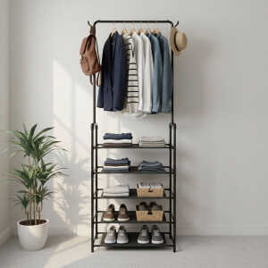CLOTING RACK W/ 5 SHELVES AND HOOKS BLACK | C86013 - Image 