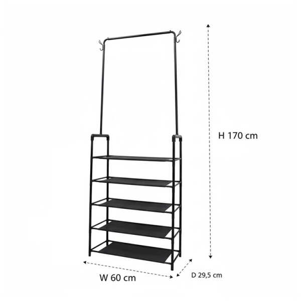 CLOTING RACK W/ 5 SHELVES AND HOOKS BLACK | C86013 - Image 