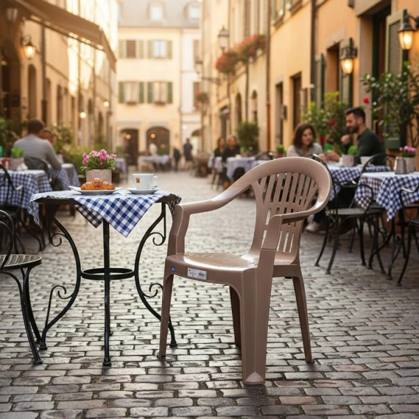 Riposso Milas plastic chair outdoor cafe cobblestone street dining.