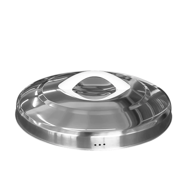 Stainless steel lid with a handle.