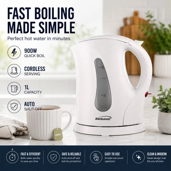 BRENTWOOD 1L CORDLESS ELECTRIC KETTLE WHITE | KT-1610 - Image 
