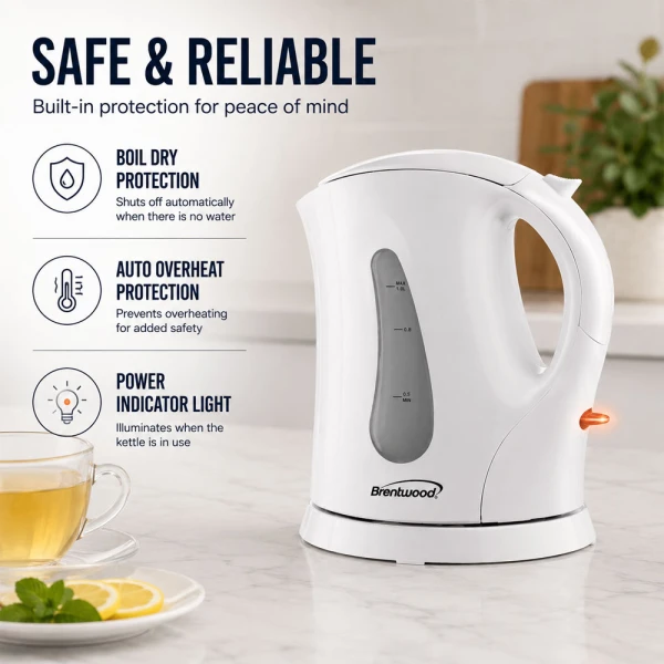 BRENTWOOD 1L CORDLESS ELECTRIC KETTLE WHITE | KT-1610 - Image 