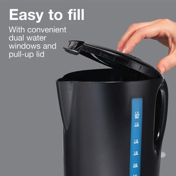 Person lifting open electric kettle pull up lid