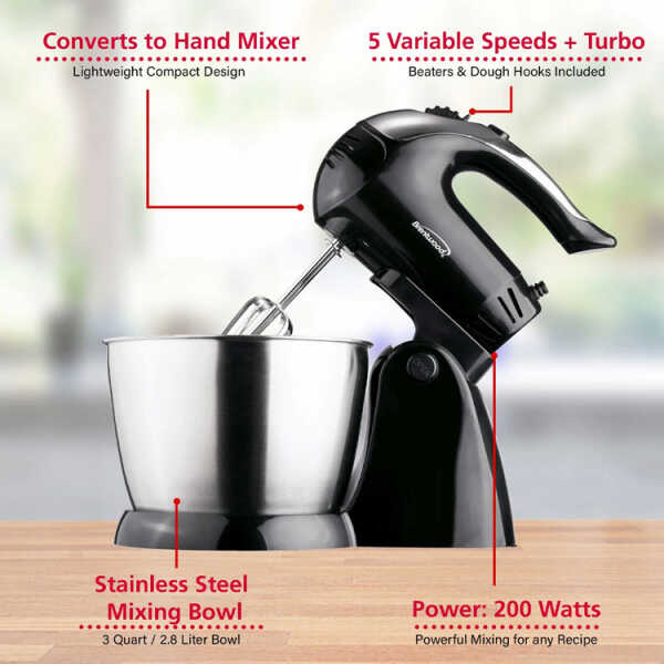 BRENTWOOD 3QT/2.8L STAND/HAND MIXER BLACK 120V - 200W | SM-1153 - Image 