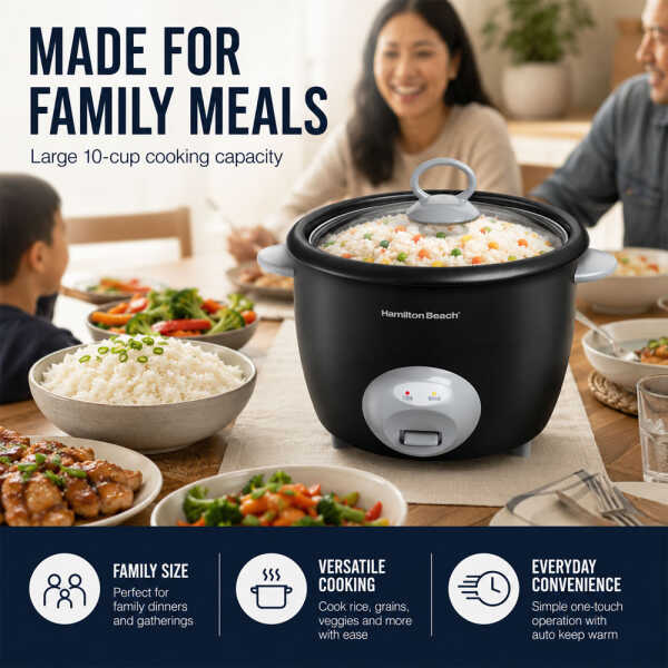HAMILTON BEACH 10 CUP GLASS LID RICE COOKER BLACK | 37542 - Image 