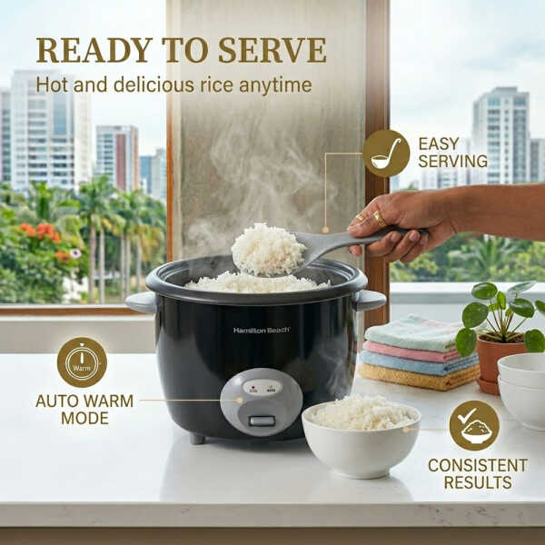 HAMILTON BEACH 10 CUP GLASS LID RICE COOKER BLACK | 37542 - Image 