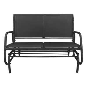 Black metal outdoor bench by PRIMO placed in a garden setting