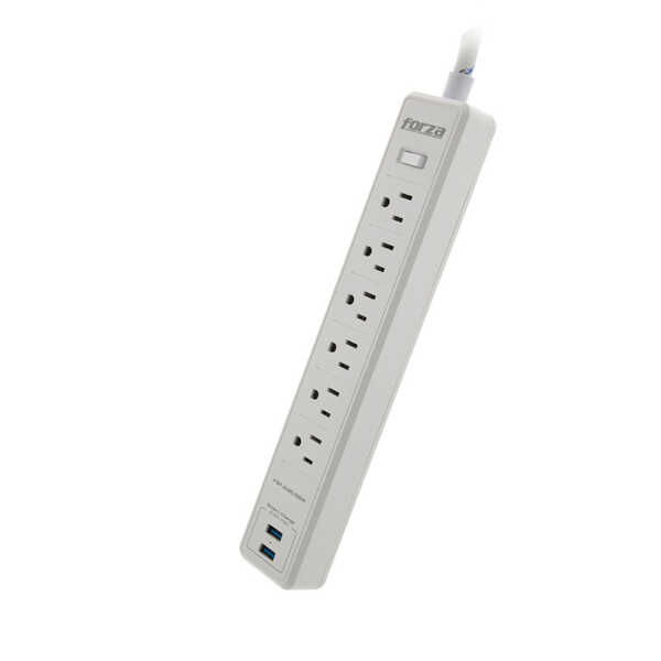 FORZA SURGE PROTECTOR 1200J/1680W 6 OUTLETS FLAT PLUG 120V/240V | FSP-612USBW - Image 