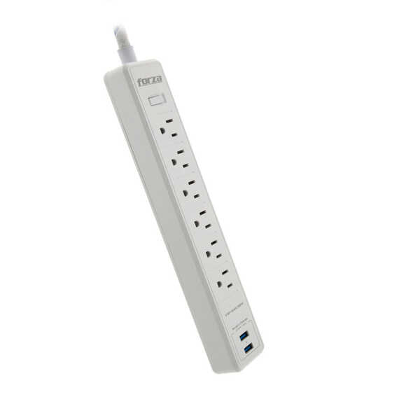 FORZA SURGE PROTECTOR 1200J/1680W 6 OUTLETS FLAT PLUG 120V/240V | FSP-612USBW - Image 