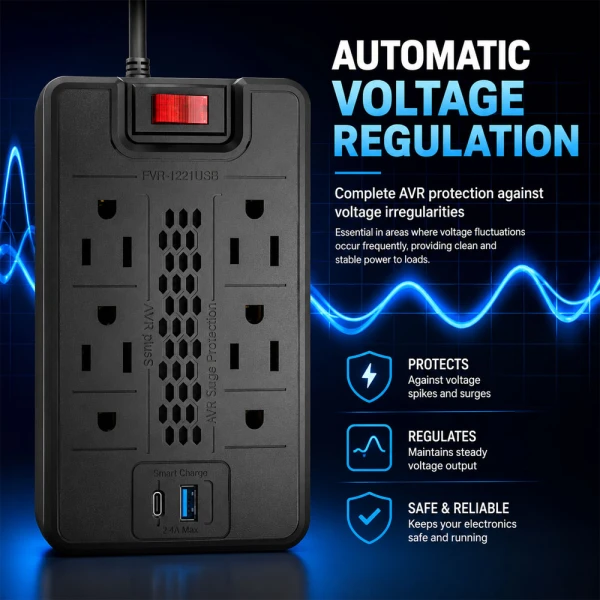 FORZA VOLTAGE REGULATOR, 1200VA/600W, 8 OUTLETS | FVR-1221USB - Image 