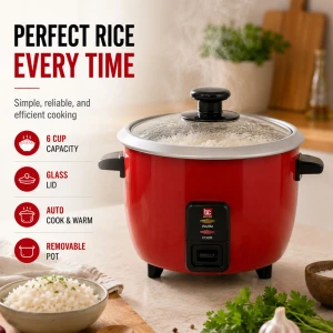 BENE CASA 6 CUP RICE COOKER W/ GLASS LID RED | BC-12423 - Image 