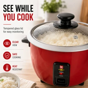 BENE CASA 6 CUP RICE COOKER W/ GLASS LID RED | BC-12423 - Image 