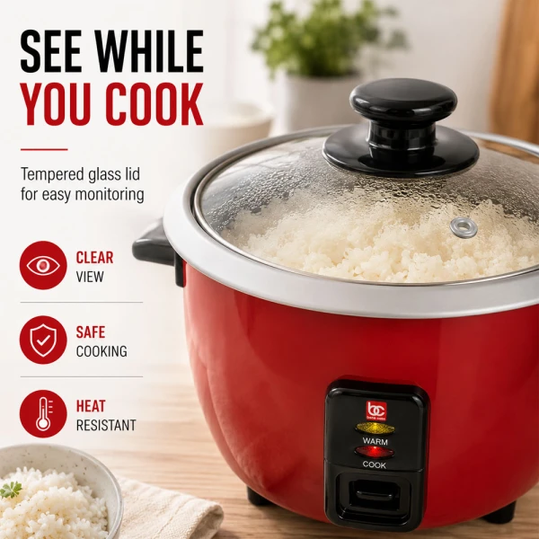 BENE CASA 6 CUP RICE COOKER W/ GLASS LID RED | BC-12423 - Image 