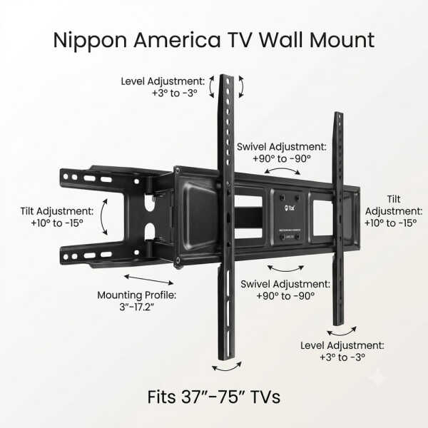 NIPPON AMERICA FULL MOTION TILT SWIVEL ARTICULATING SINGLE ARM TV MOUNT 37-75" | MA-3775S - Image 