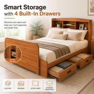 WOODEN BED WITH DRAWERS 160X200 (YELLOW CABES) | BED2D-160X200 - Image 
