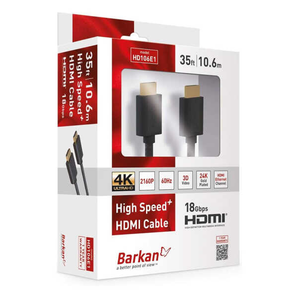 BARKAN 35FT HIGH SPEED HDMI CABLE 4K ULTRA HD 60HZ 3D VIDEO 24K GOLD PLATED HEAD BLACK | HD106E1 - Image 