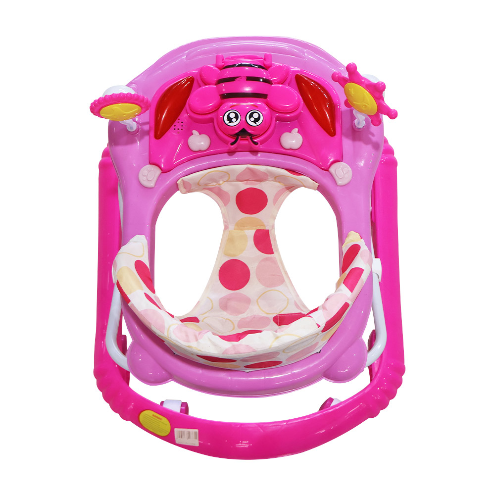 Baby walker with interactive toys and adjustable height.