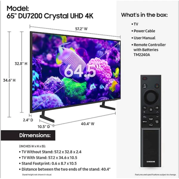 SAMSUNG 65” DU7200 SERIES UHD 4K LED SMART TIZEN TV (2024) | UN65DU7200DXZA - Image 