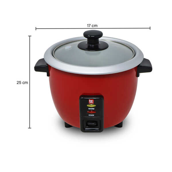 BENECASA 3 CUP UNCOOKED RICE COOKER W/ GLASS LID, RED | BC-12422 - Image 