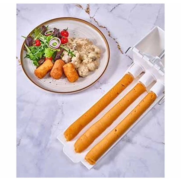 Croquette maker next to golden-brown fried croquettes.