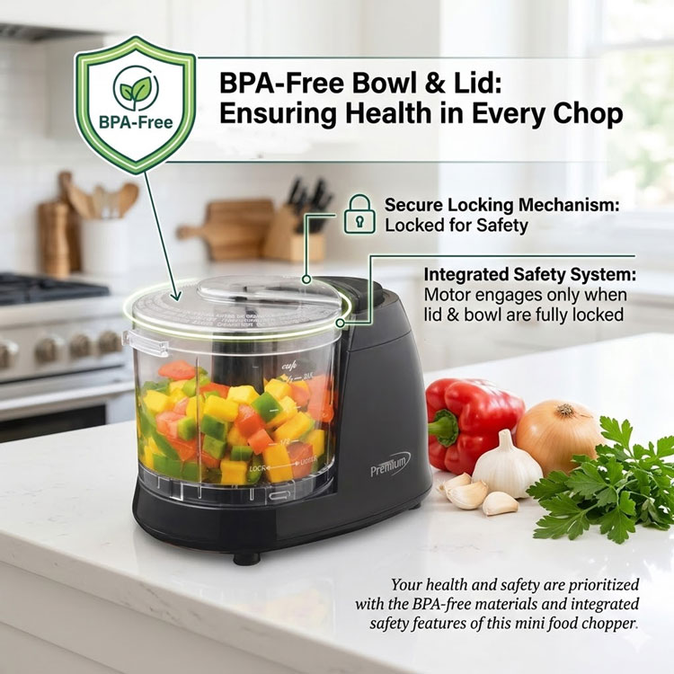 Mini chopper with secure locking lid safety mechanism.