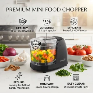 PREMIUM 1.5 CUPS MINI FOOD CHOPPER 120V-100W BLACK | PMC156B - Image 