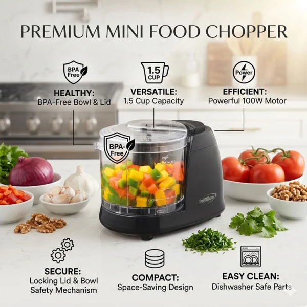 PREMIUM 1.5 CUPS MINI FOOD CHOPPER 120V-100W BLACK | PMC156B - Image 