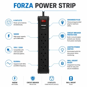 FORZA POWER STRIP BUILT IN CIRCUIT BREAKER 6 OUTLETS | PS-1006B - Image 