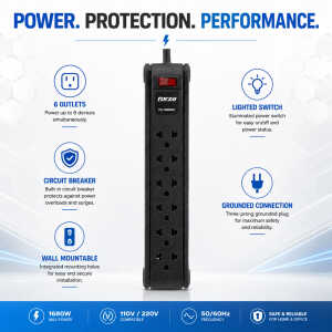 FORZA POWER STRIP BUILT IN CIRCUIT BREAKER 6 OUTLETS | PS-1006B - Image 