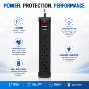 FORZA POWER STRIP BUILT IN CIRCUIT BREAKER 6 OUTLETS | PS-1006B - Image 