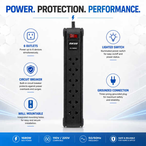 FORZA POWER STRIP BUILT IN CIRCUIT BREAKER 6 OUTLETS | PS-1006B - Image 