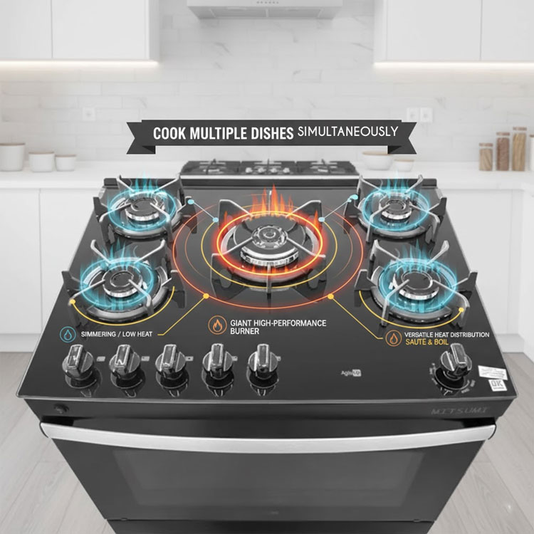 Top view of five high-performance gas burners.